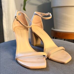 Stuart Weitzman Blush Beige Ankle-Strap Block Heels size 8 Designer Chic Formal